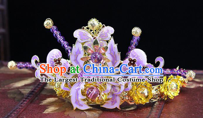Traditional Chinese Purple Flowers Hairpins Hair Crown Headdress Ancient Queen Hair Accessories Complete Set for Women