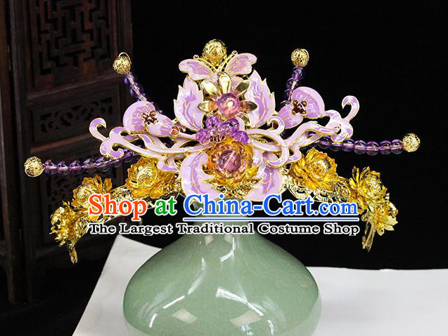Traditional Chinese Purple Flowers Hairpins Hair Crown Headdress Ancient Queen Hair Accessories Complete Set for Women