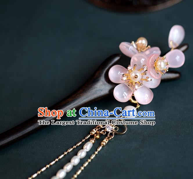 Traditional Chinese Handmade Ebony Pink Sakura Hairpins Headdress Ancient Hanfu Hair Accessories for Women