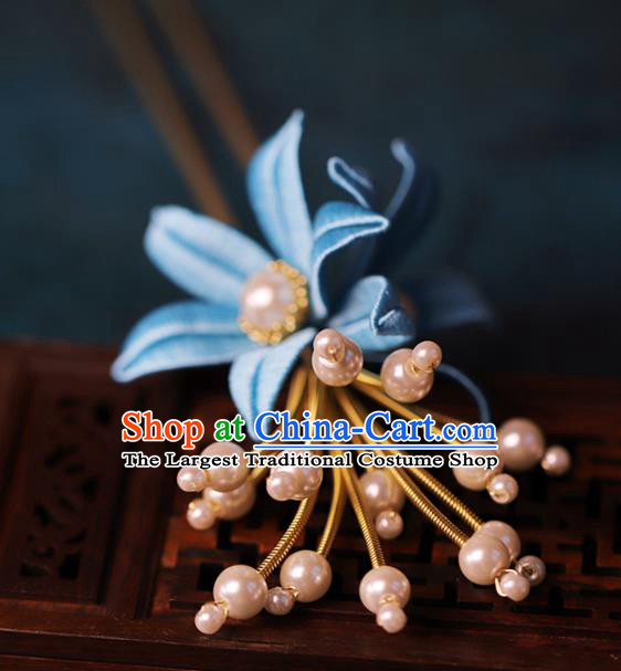 Traditional Chinese Handmade Blue Flower Hairpins Headdress Ancient Hanfu Hair Accessories for Women