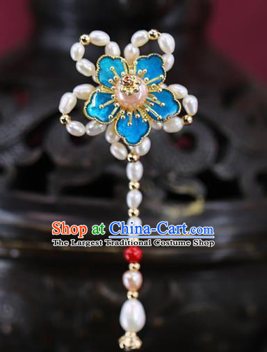 Traditional Chinese Handmade Pearls Plum Blossom Tassel Hairpins Headdress Ancient Hanfu Hair Accessories for Women