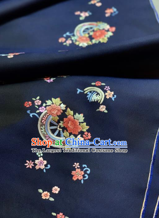 Chinese Classical Embroidered Fan Flowers Pattern Design Navy Silk Fabric Asian Traditional Hanfu Material