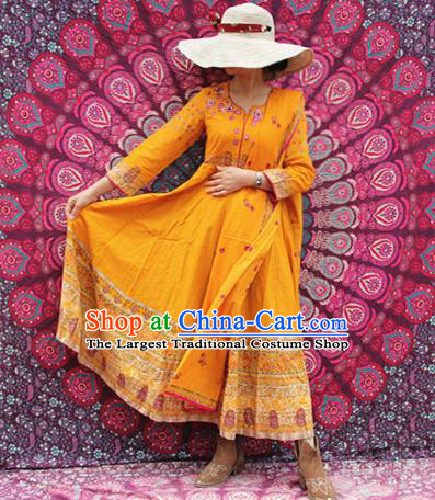 Asian India Traditional Folk Dance Yellow Dress Indian Embroidered Costumes for Women