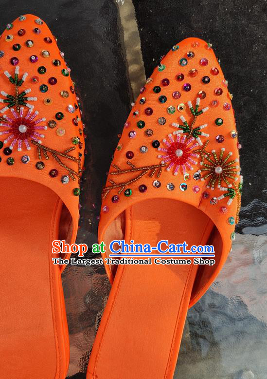 Asian India Traditional Orange Leather Slippers Indian Handmade Shoes for Women