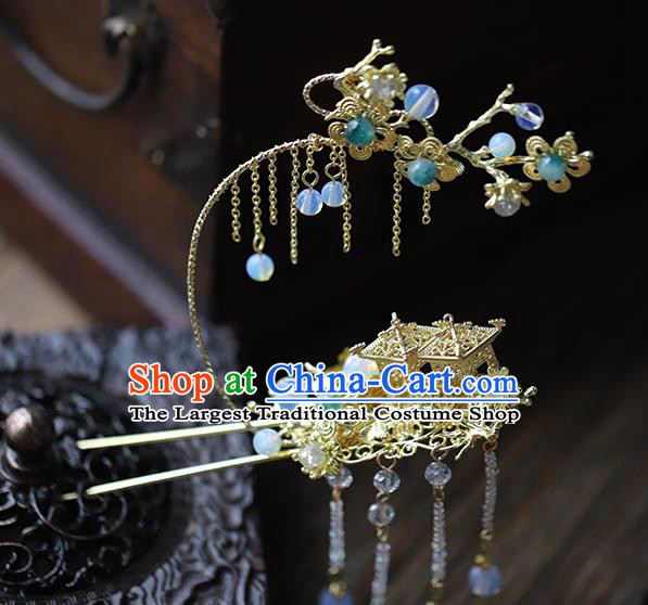 Traditional Chinese Handmade Palace Brass Tassel Hairpins Headdress Ancient Hanfu Hair Accessories for Women