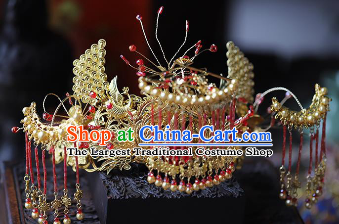 Traditional Chinese Wedding Golden Crane Hair Crown Tassel Hairpins Headdress Ancient Bride Hair Accessories for Women