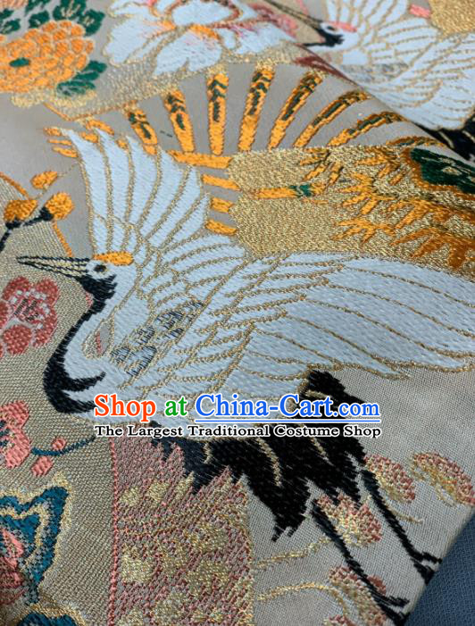 Asian Japanese Traditional Crane Plum Pattern Design Beige Brocade Fabric Silk Fabric Tapestry Satin
