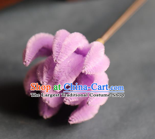Traditional Chinese Handmade Lilac Velvet Chrysanthemum Hairpin Headdress Ancient Hanfu Hair Accessories for Women