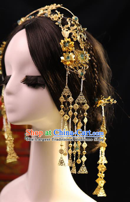 Traditional Chinese Wedding Brass Phoenix Coronet Hairpins Headdress Ancient Bride Hair Accessories for Women