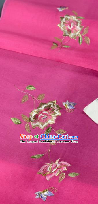 Asian Chinese Traditional Embroidered Flowers Pattern Design Rosy Silk Fabric Hanfu Material