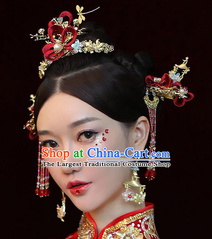 Chinese Bridal Xiuhe Flower Headdress Women Red Vintage Wedding Hair  Accessory