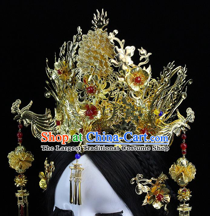 Traditional Chinese Wedding Golden Phoenix Coronet Hairpins Headdress Ancient Bride Hair Accessories for Women