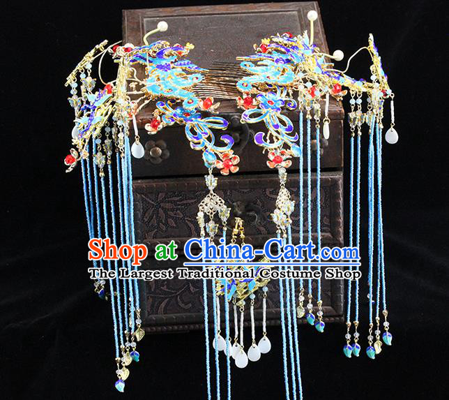 Traditional Chinese Wedding Cloisonne Tassel Hairpins Headdress Ancient Bride Hair Accessories for Women