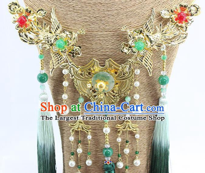 Traditional Chinese Wedding Green Tassel Necklace Ancient Bride Handmade Golden Phoenix Necklet Accessories for Women