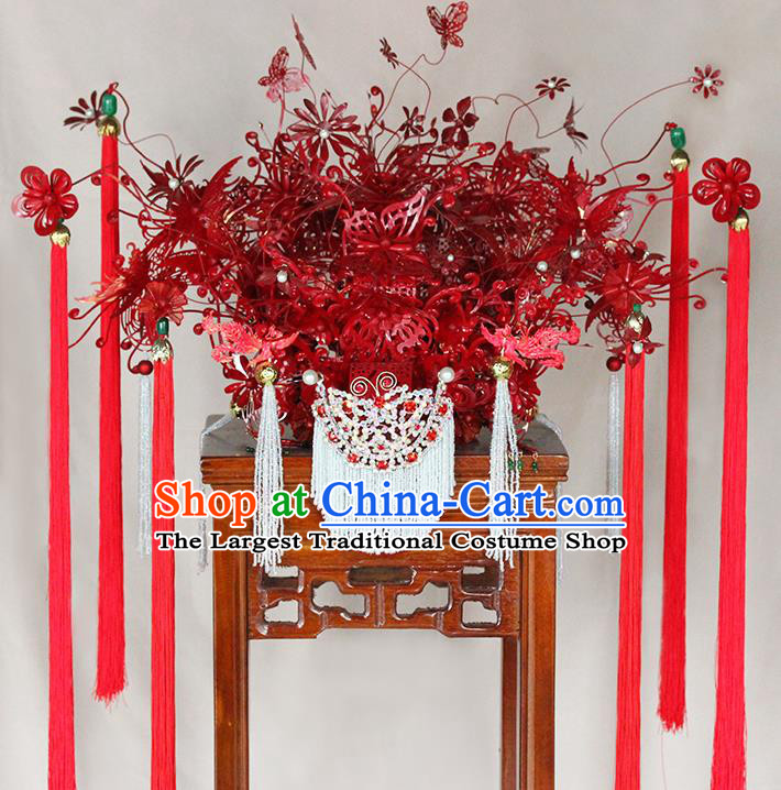Traditional Chinese Opera Red Phoenix Coronet Hairpins Headdress Ancient Wedding Hair Accessories for Women