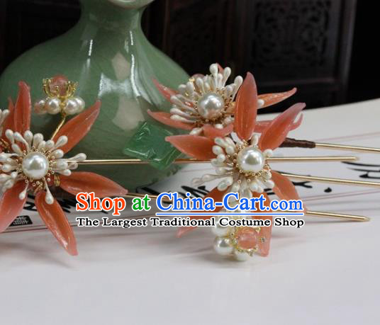 Traditional Chinese Handmade Pink Leaf Hairpin Headdress Ancient Hanfu Hair Accessories for Women