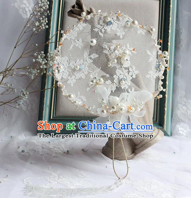 Traditional Chinese Handmade White Lace Round Fans Ancient Hanfu Wedding Palace Fan for Women
