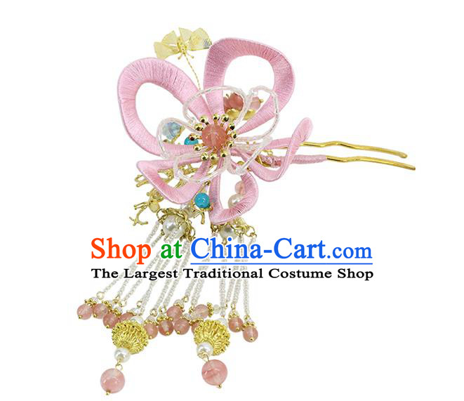 Traditional Chinese Handmade Pink Flower Tassel Hairpin Headdress Ancient Hanfu Hair Accessories for Women