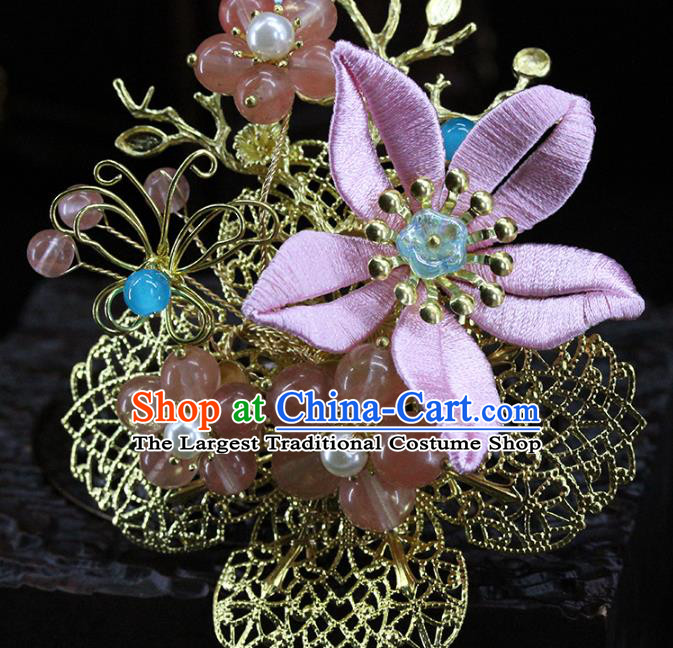 Traditional Chinese Handmade Pink Flower Brass Hairpin Headdress Ancient Hanfu Hair Accessories for Women