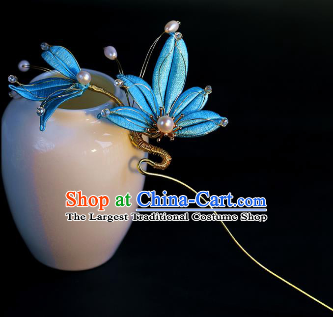 Traditional Chinese Handmade Blue Leaf Hairpin Headdress Ancient Hanfu Hair Accessories for Women