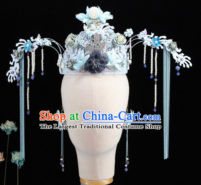 Traditional Chinese Blue Flowers Phoenix Coronet Tassel Hairpins Headdress Ancient Bride Hair Accessories for Women