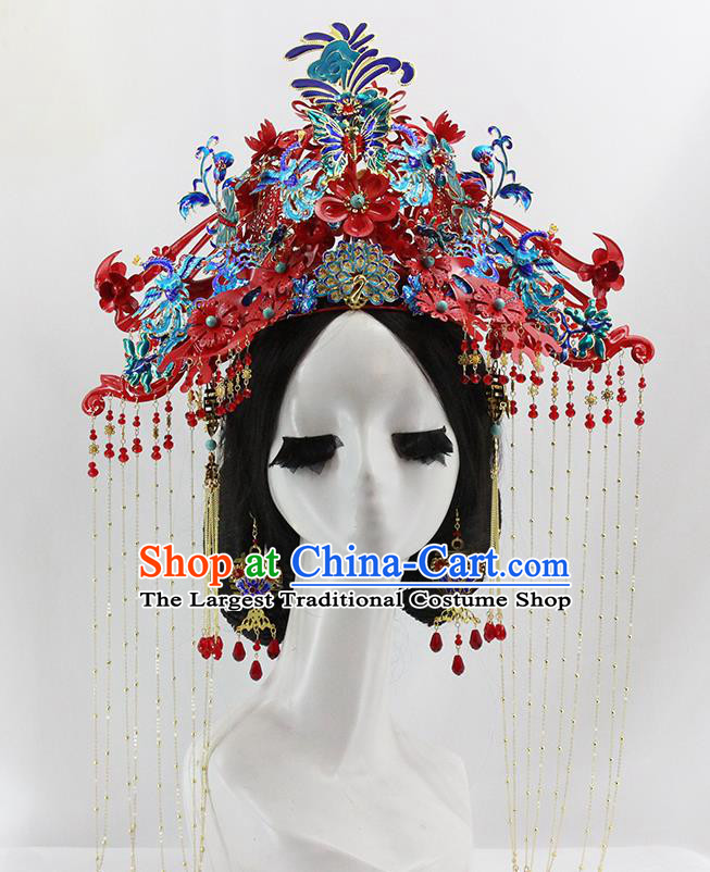 Traditional Chinese Opera Cloisonne Red Phoenix Coronet Hairpins Headdress Ancient Wedding Hair Accessories for Women
