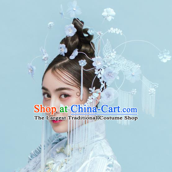 Traditional Chinese Blue Flowers Tassel Hairpins Headdress Ancient Bride Hair Accessories for Women