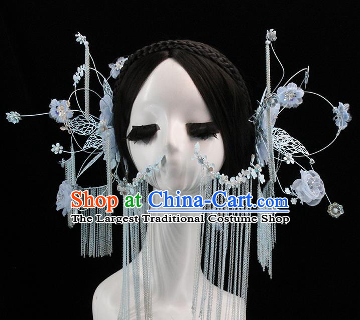 Traditional Chinese Blue Flowers Tassel Hairpins Headdress Ancient Bride Hair Accessories for Women