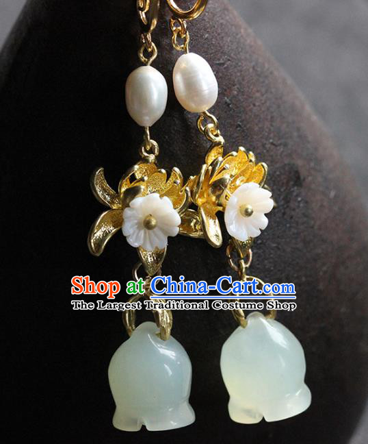 Traditional Chinese Handmade Jade Magnolia Earrings Ancient Hanfu Ear Accessories for Women