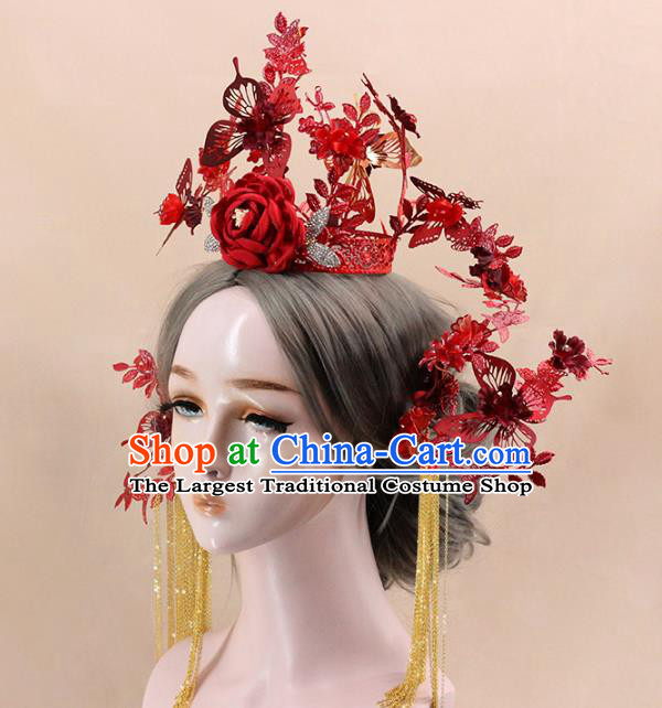 Traditional Chinese Red Rose Phoenix Coronet Hairpins Headdress Ancient Wedding Hair Accessories for Women