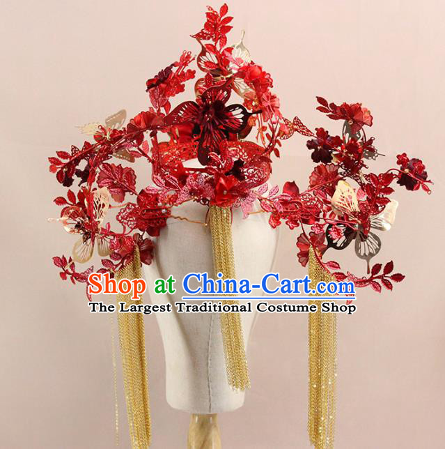 Traditional Chinese Red Rose Phoenix Coronet Hairpins Headdress Ancient Wedding Hair Accessories for Women