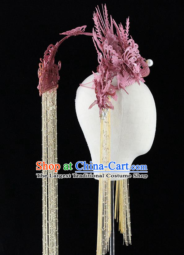 Traditional Chinese Pink Butterfly Phoenix Coronet Hairpins Headdress Ancient Wedding Hair Accessories for Women