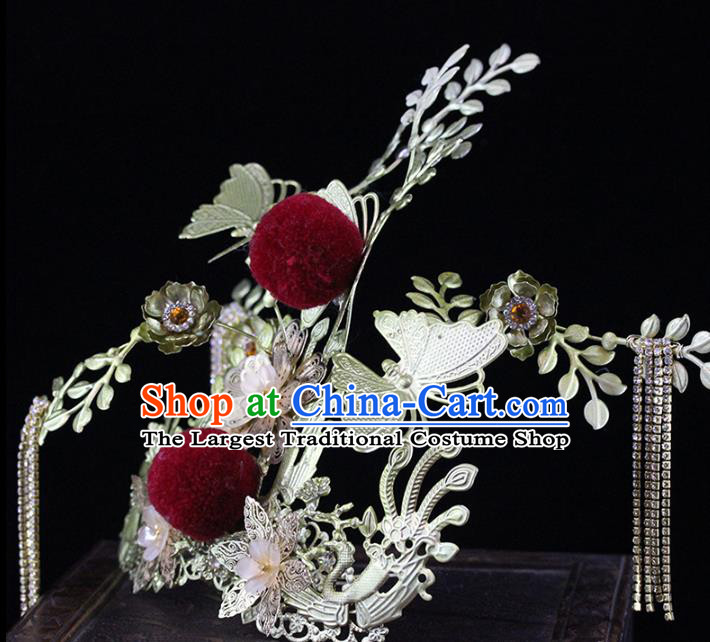 Traditional Chinese Golden Hair Crown Tassel Hairpins Headdress Ancient Wedding Hair Accessories for Women