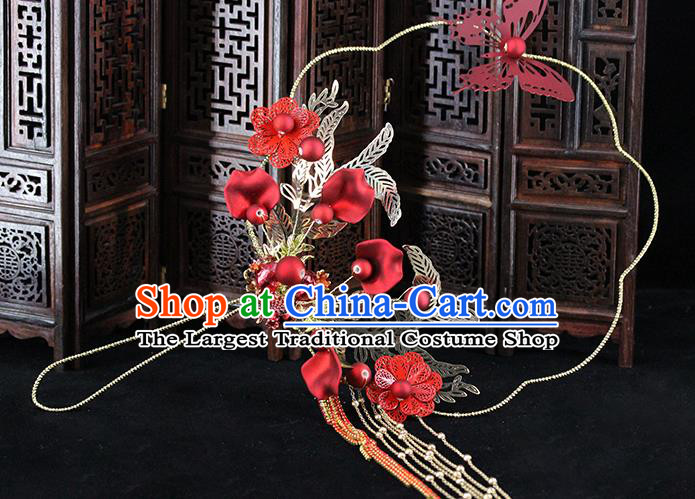 Traditional Chinese Handmade Red Butterfly Flower Fans Ancient Hanfu Wedding Palace Fan for Women