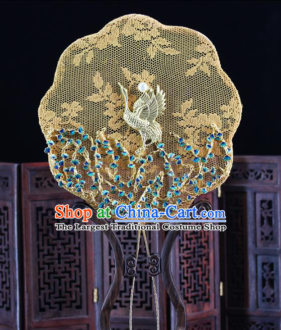 Traditional Chinese Handmade Golden Crane Silk Fans Ancient Hanfu Wedding Palace Fan for Women