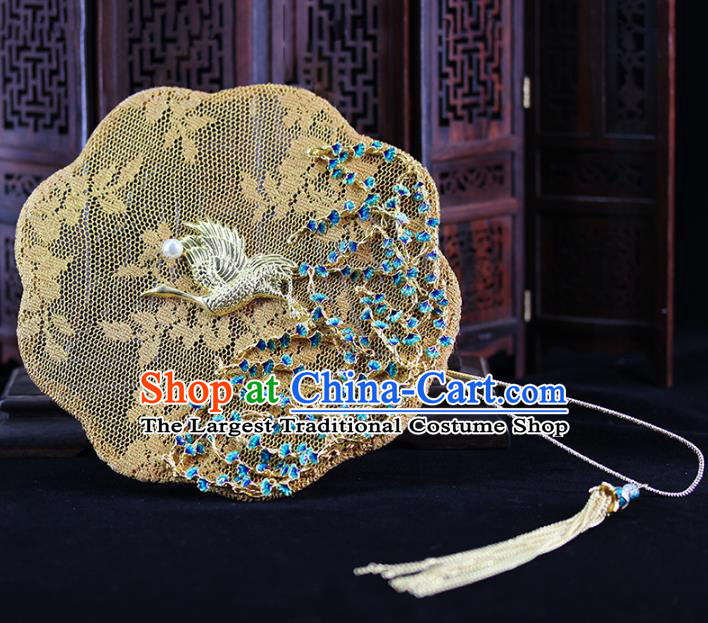 Traditional Chinese Handmade Golden Crane Silk Fans Ancient Hanfu Wedding Palace Fan for Women