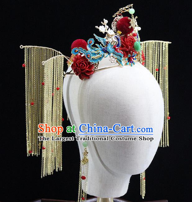 Traditional Chinese Red Jade Phoenix Coronet Hairpins Headdress Ancient Wedding Hair Accessories for Women