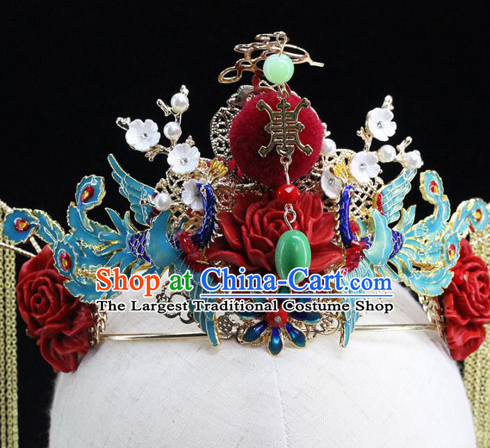 Traditional Chinese Red Jade Phoenix Coronet Hairpins Headdress Ancient Wedding Hair Accessories for Women
