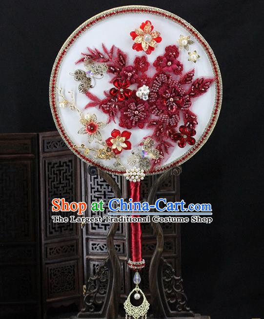Traditional Chinese Handmade Red Flowers Round Fans Ancient Hanfu Wedding Palace Fan for Women