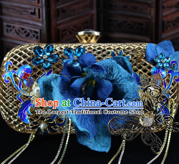 Traditional Chinese Blue Flower Handbag Handmade Wedding Bag Accessories for Women