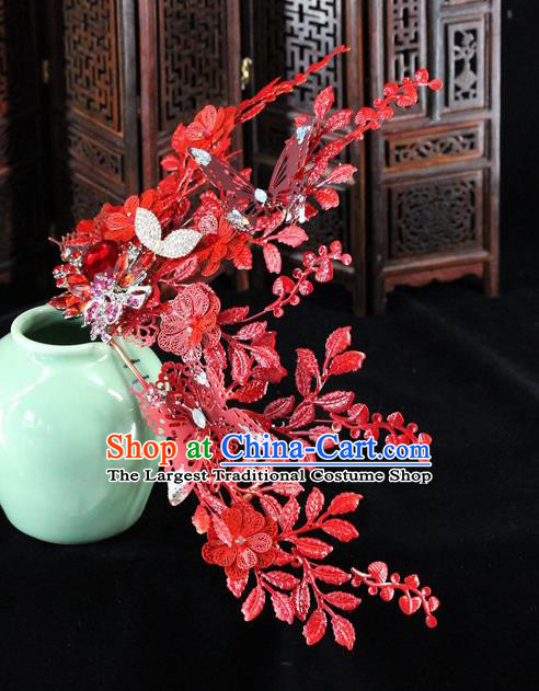 Traditional Chinese Wedding Red Flowers Hair Crown Hairpins Headdress Ancient Hair Accessories for Women
