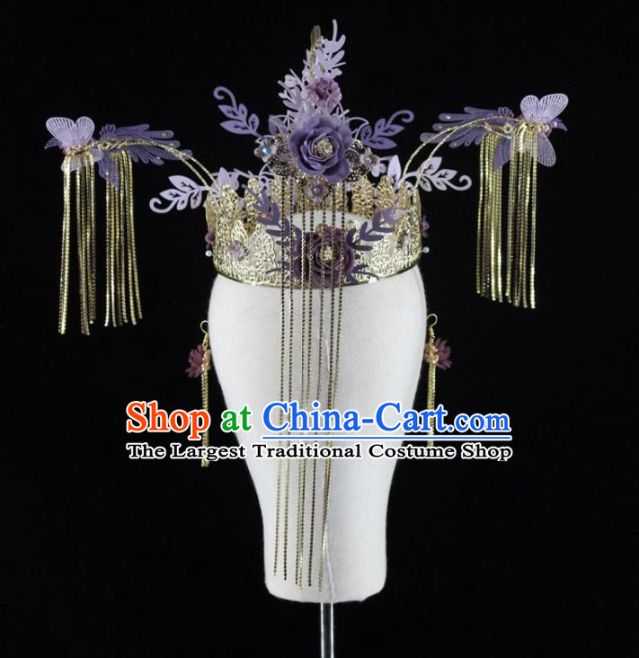 Traditional Chinese Wedding Purple Flowers Hair Crown Hairpins Headdress Ancient Hair Accessories for Women