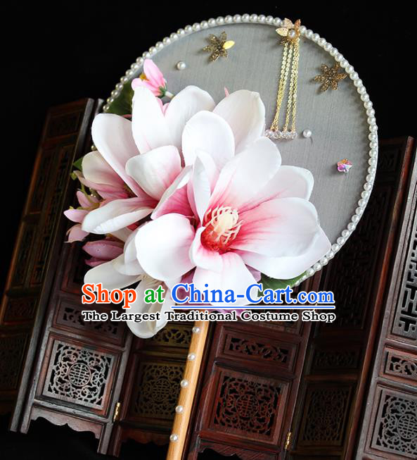 Traditional Chinese Pink Magnolia Round Fans Ancient Hanfu Wedding Palace Fan for Women