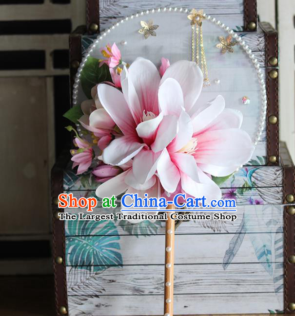 Traditional Chinese Pink Magnolia Round Fans Ancient Hanfu Wedding Palace Fan for Women