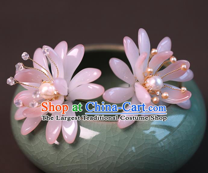 Traditional Chinese Handmade Pink Glass Flower Hairpin Headdress Ancient Hanfu Hair Accessories for Women