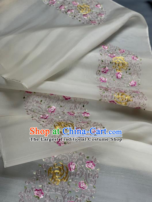 Asian Chinese Traditional Embroidered Peony Pattern Design White Silk Fabric Hanfu Material