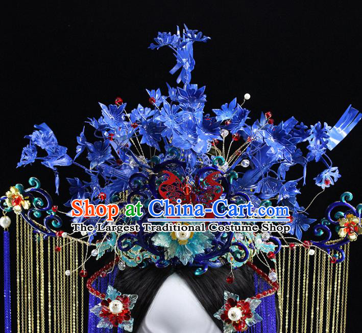 Traditional Chinese Wedding Blue Phoenix Coronet Hairpin Headdress Ancient Queen Hair Accessories for Women