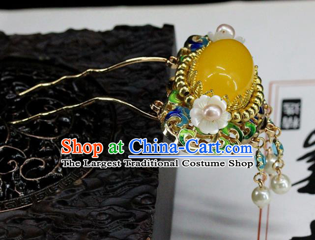 Traditional Chinese Handmade Yellow Chalcedony Hairpin Headdress Ancient Hanfu Hair Accessories for Women