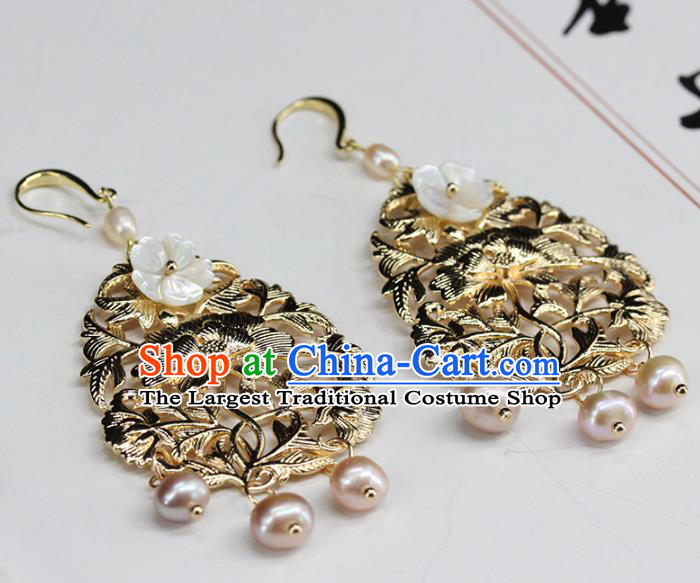 Traditional Chinese Handmade Brass Lotus Earrings Ancient Hanfu Ear Accessories for Women