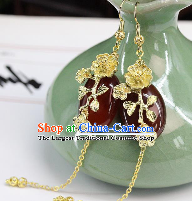 Traditional Chinese Handmade Brass Agate Earrings Ancient Hanfu Ear Accessories for Women
